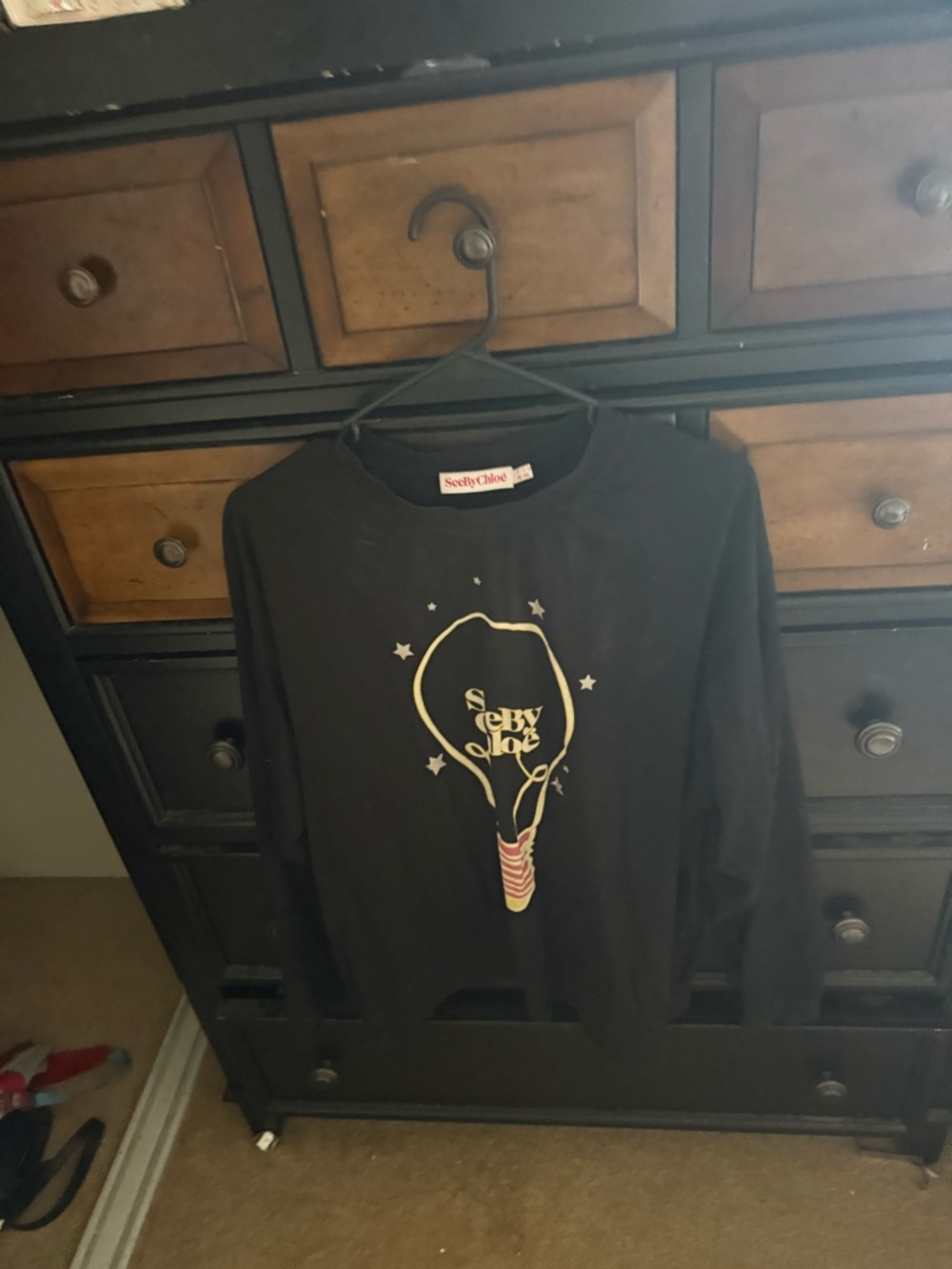 See By Chloe Black Long-Sleeve Tee with Lightbulb Graphic